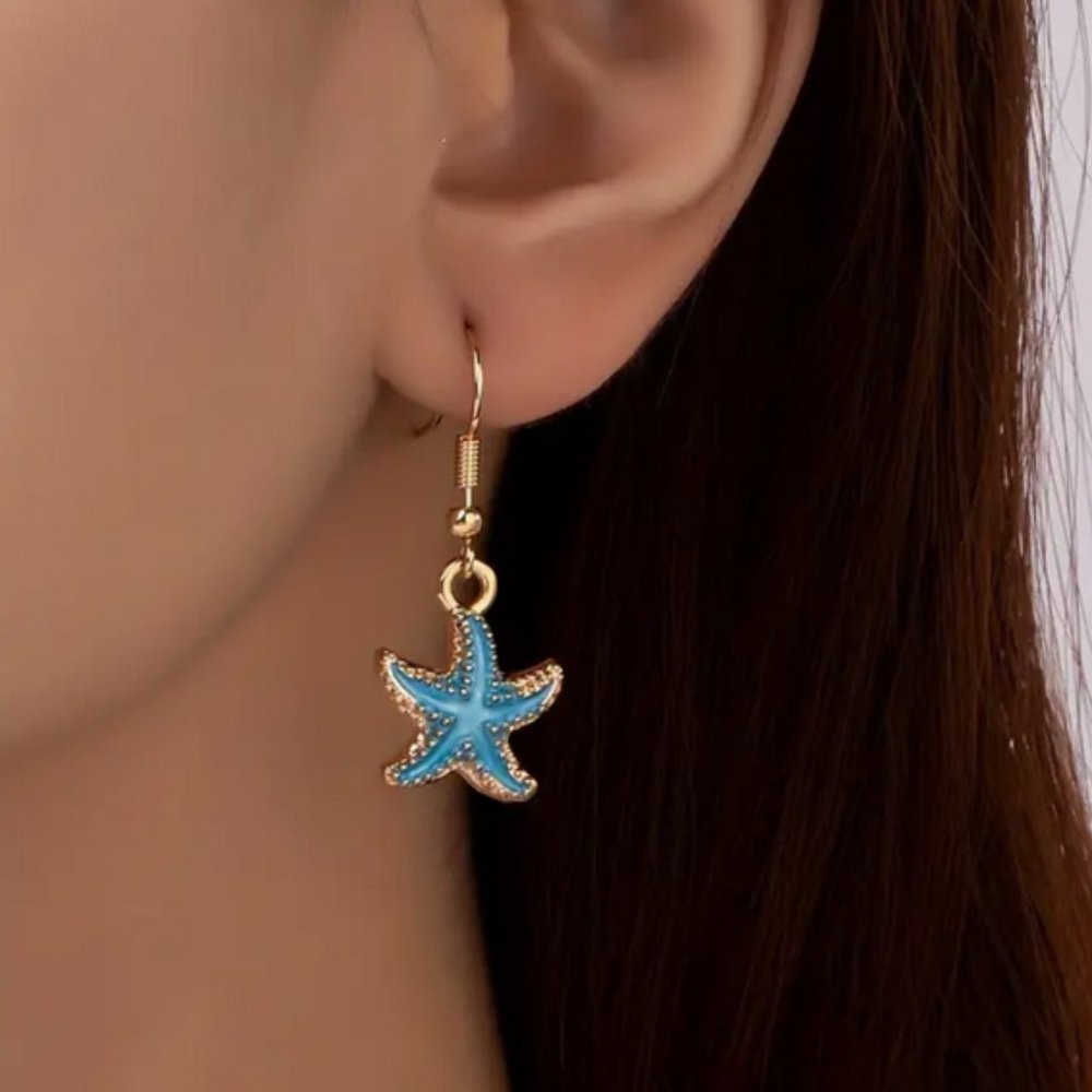 Blue on Gold Starfish Earrings